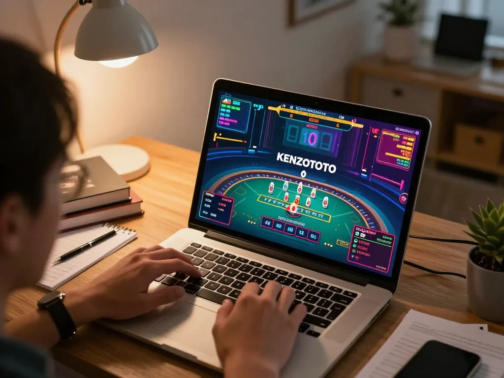 Permainan online yang menarik menunjukkan login KENZOTOTO di laptop dengan persiapan strategis di sekelilingnya