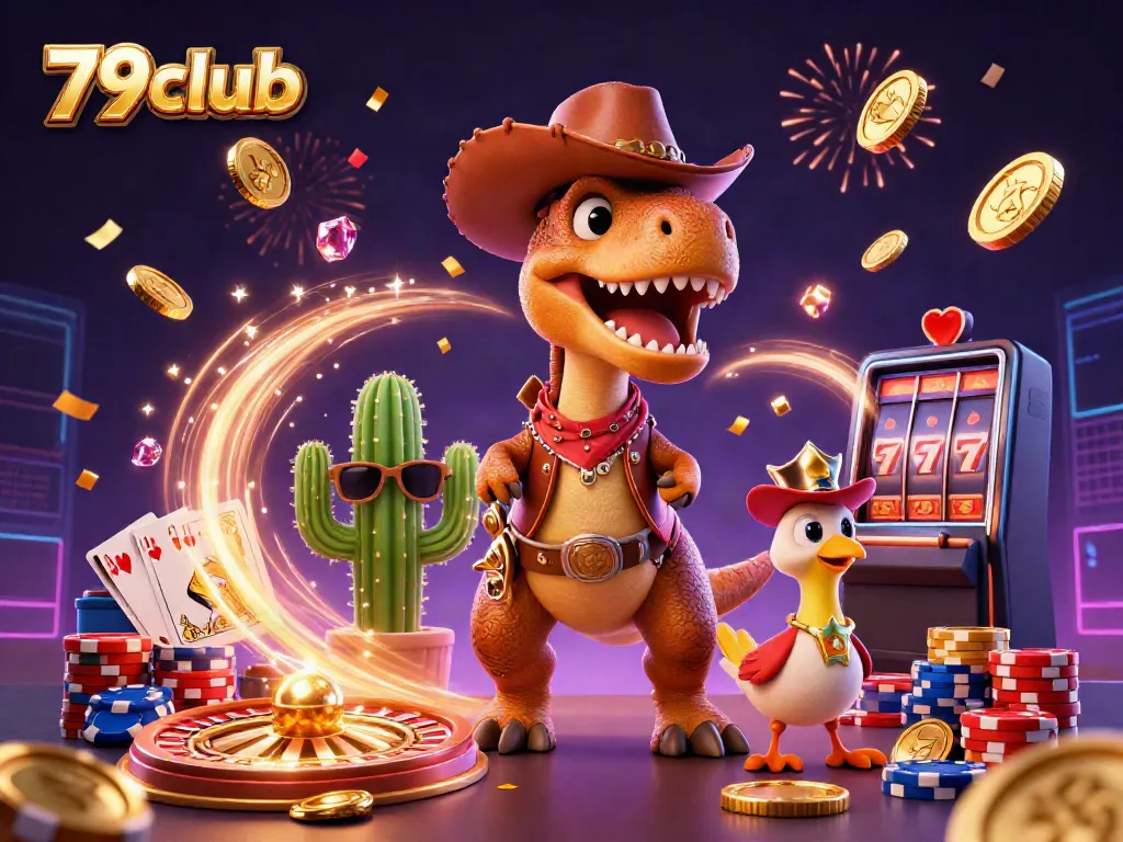 Experience thrilling wins and adventures at 79club with colorful casino elements and animated characters.