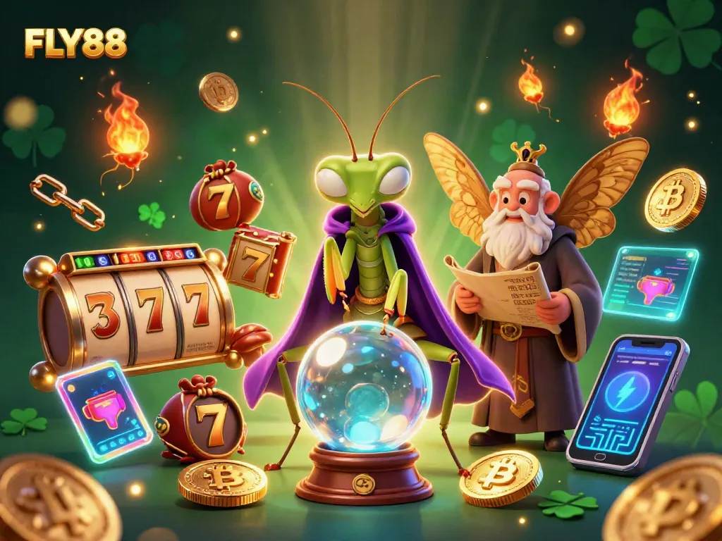 FLY88 elevates the excitement with a colorful scene featuring a praying mantis fortune teller and dynamic slot gaming elements.