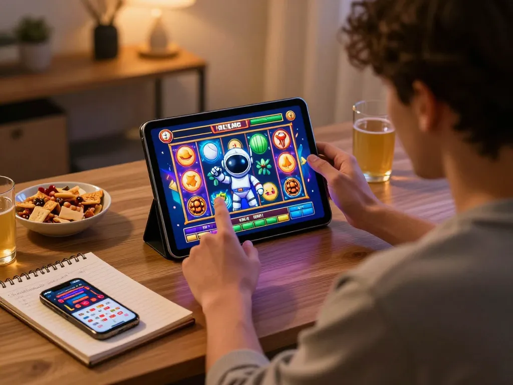 Pemain yang terlibat menikmati permainan slot spaceman di tablet di rumah, menunjukkan kegembiraan judi online.