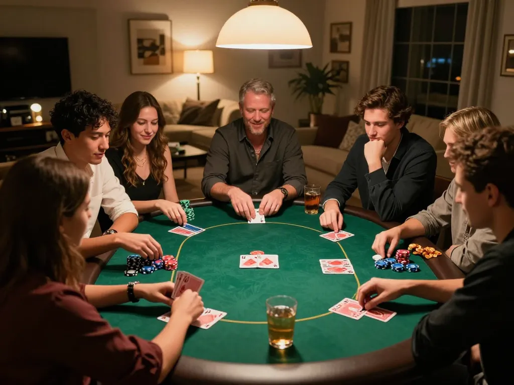 Friends enjoying a lively game of poker at home, showcasing fabet strategies in a cozy setting