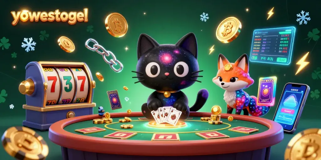 Engage in yowestogel casino fun with a black hole cat and colorful galaxy fox at a vibrant cosmic gaming table.