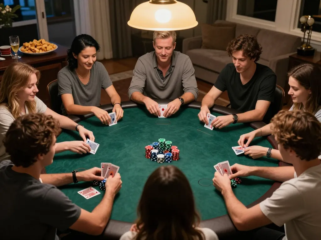 Players engaging in a strategic poker game at home while enjoying snacks and drinks, showcasing rik vip.