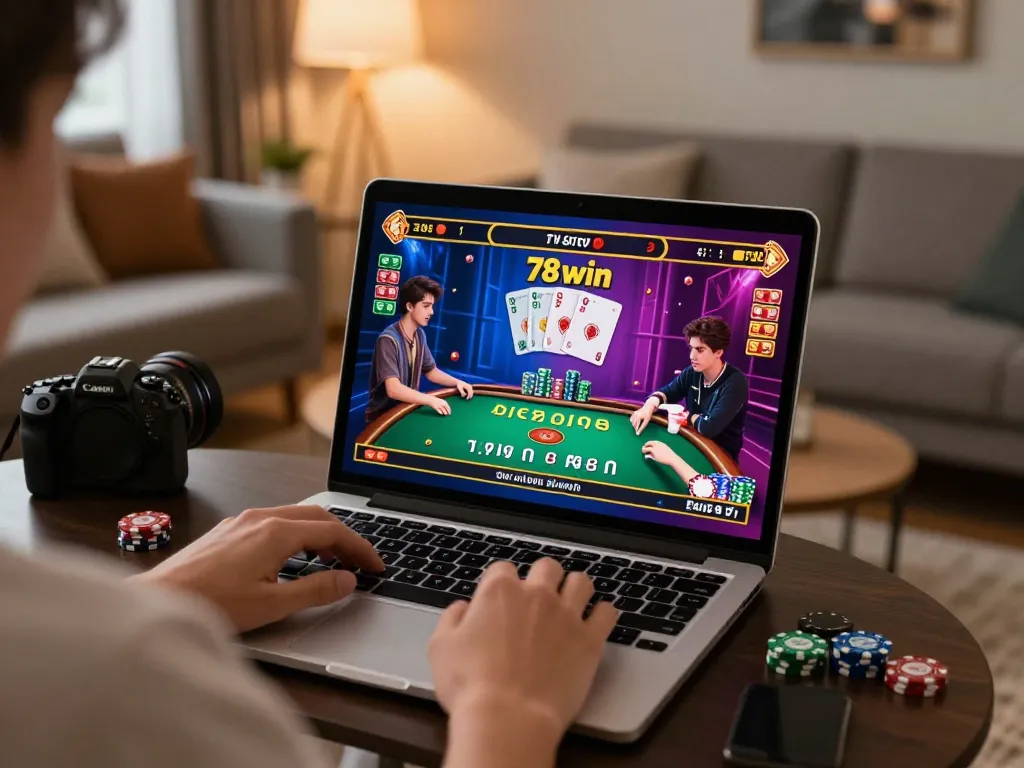 Engaging with 78win's live dealer game on a stylish laptop, showcasing vibrant casino visuals.