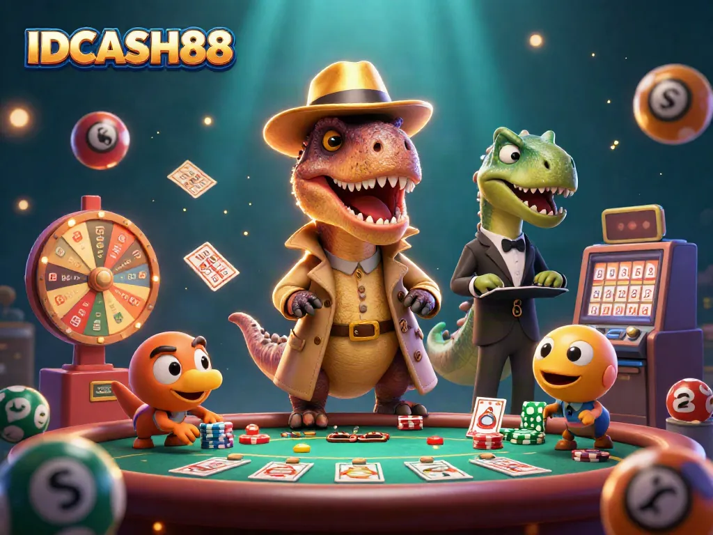 Engage with IDCASH88's dynamic lottery scene featuring exciting characters and vibrant game elements.