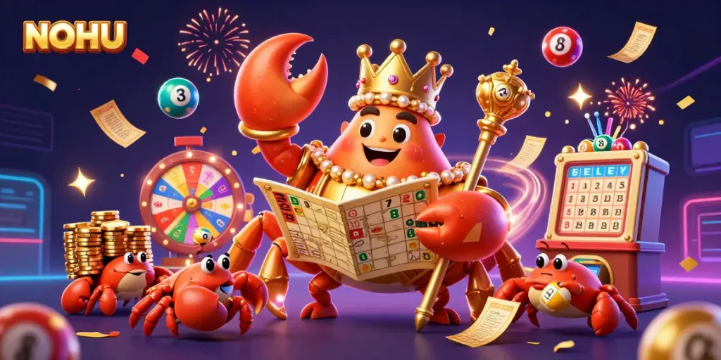 Celebrate with NOHU at a vibrant casino-themed gathering featuring a golden crab emperor and animated lottery elements.