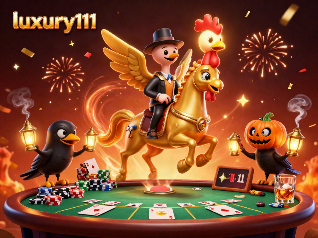 Experience luxury111 with an exciting 3D casino scene featuring a golden rooster and poker elements.