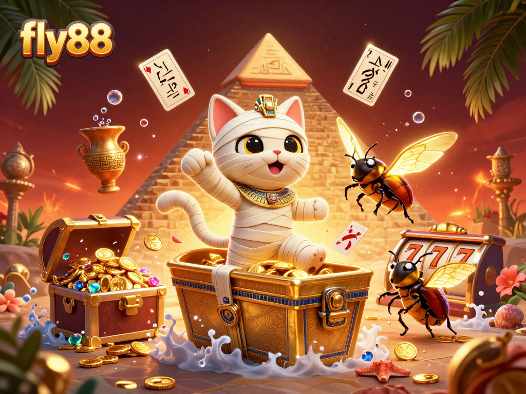 Experience exotic gaming action with fly88 in a vibrant pyramid casino scene featuring animated characters and slot elements.