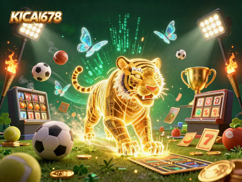 KICAU678 showcases a vibrant 3D casino scene with a neon wireframe tiger and sports elements.