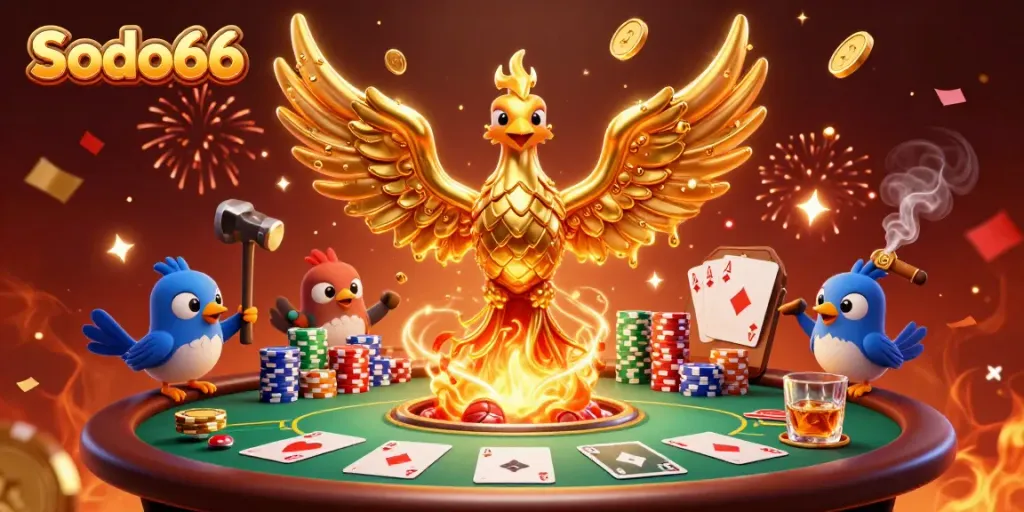 Sodo66 offers thrilling casino gameplay featuring a molten golden phoenix and poker elements.