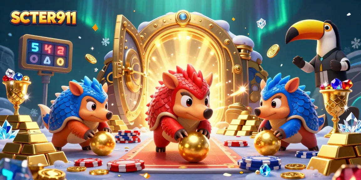 Engage with SCATTER911 as rival pangolins roll through golden chips in a vibrant casino scene.