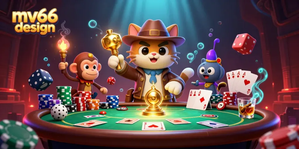 Uncover incredible opportunities with mv66 design as a cartoon explorer cat navigates a casino treasure temple.