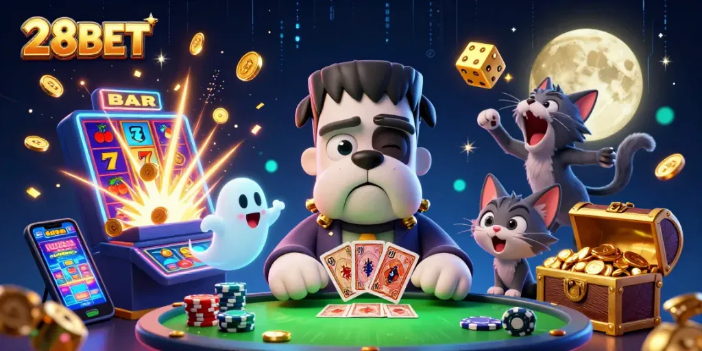 Engage in thrilling gameplay with 28BET as a cartoon Frankenstein bulldog deals cards amid vibrant casino chaos.