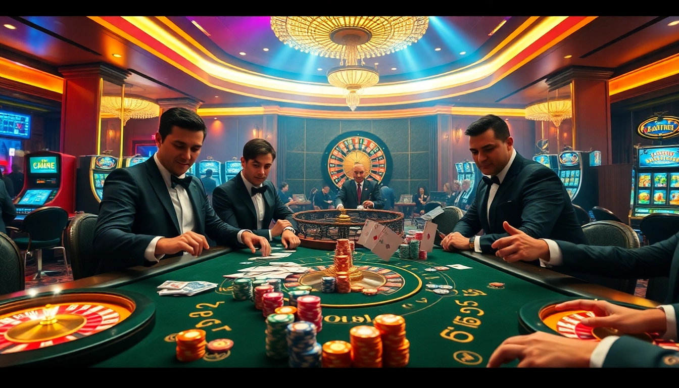 Meja poker Situs Gacor dengan chip berwarna-warni dan pemain yang elegan di lingkungan kasino mewah