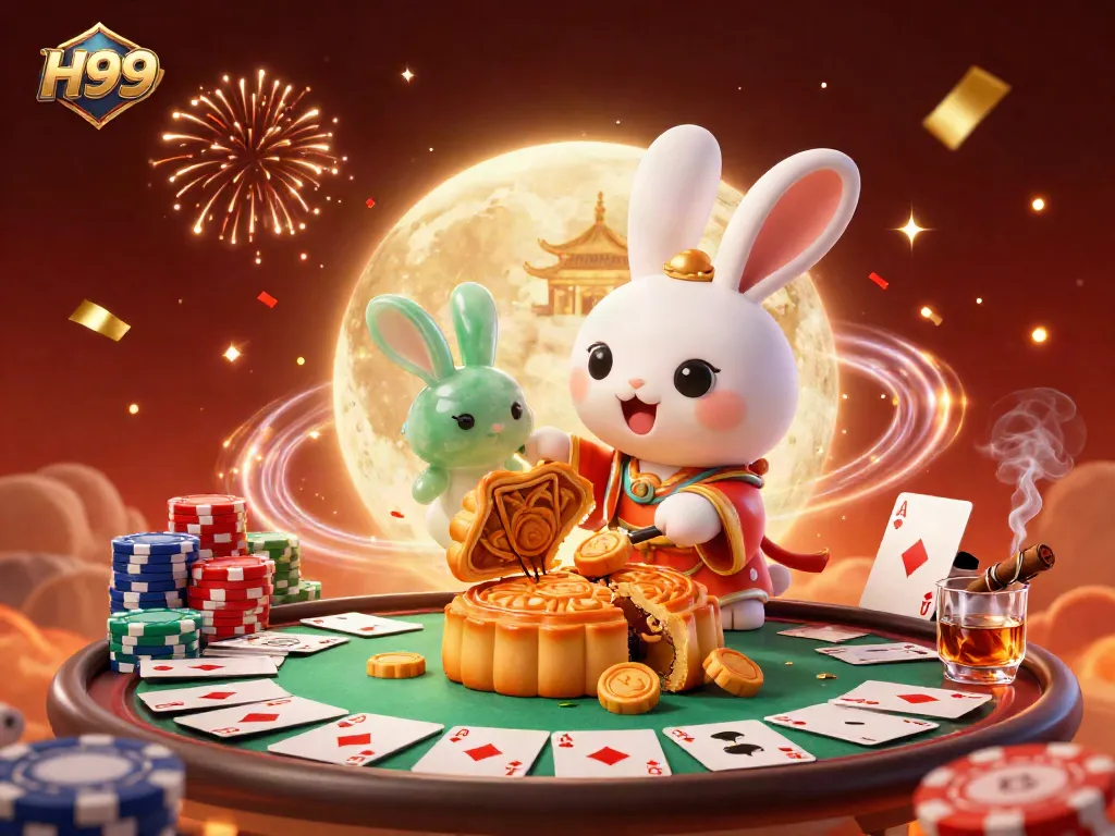Experience winning moments with H99 as a lunar rabbit reveals poker chips amidst a vibrant casino scene.