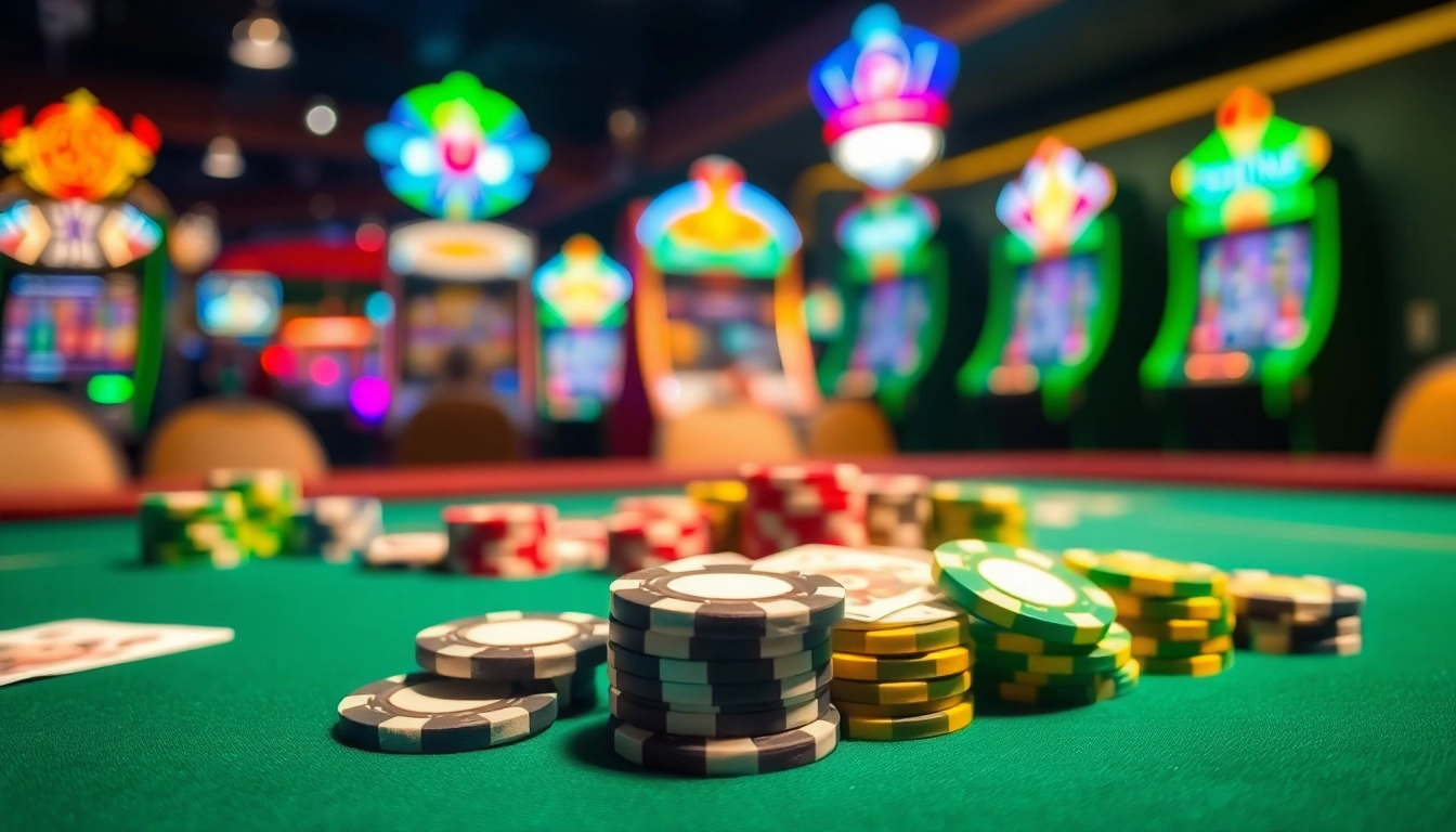 Menggambarkan situs mpo dengan meja kasino yang penuh chip dan kartu berwarna cerah.