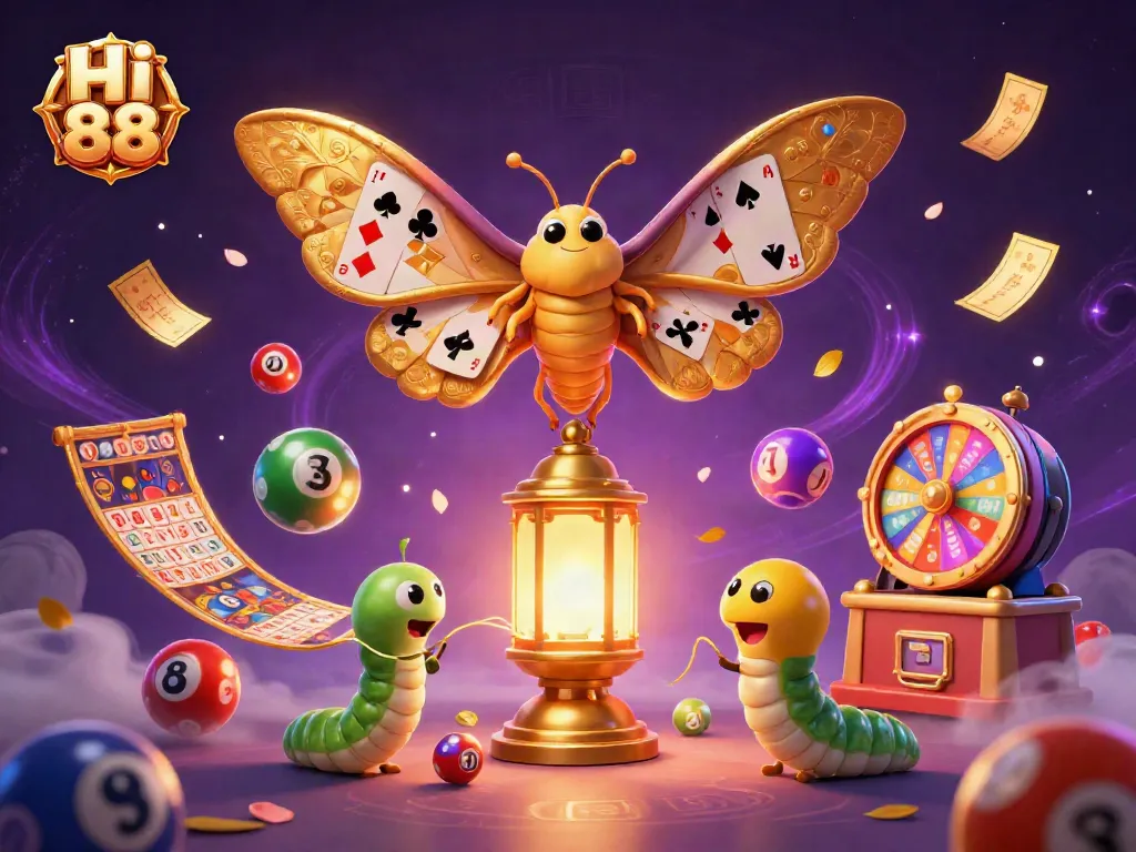 Experience excitement with Hi 88's colorful lottery scene featuring golden lantern and vibrant game elements.