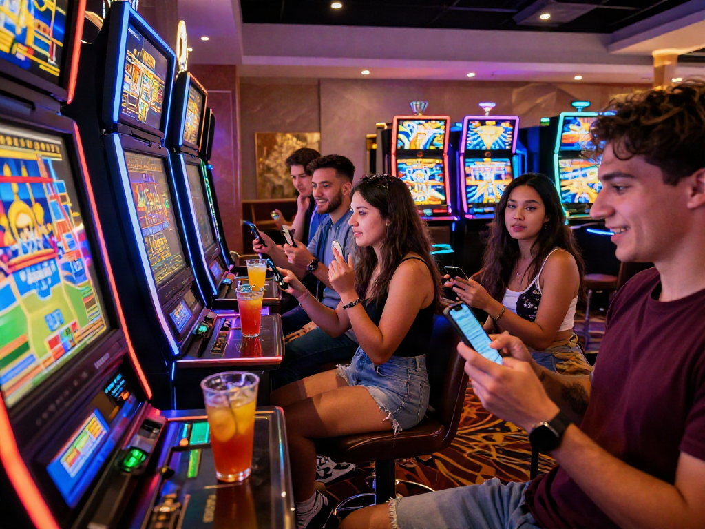 Pengalaman bermain Slot gacor di kasino modern dengan kawan-kawan di sekeliling mesin slot yang penuh warna.