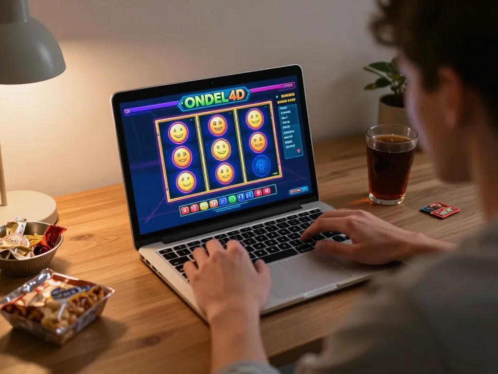 Pemain berinteraksi dengan slot online ONDEL4D di laptop di suasana rumah yang nyaman.