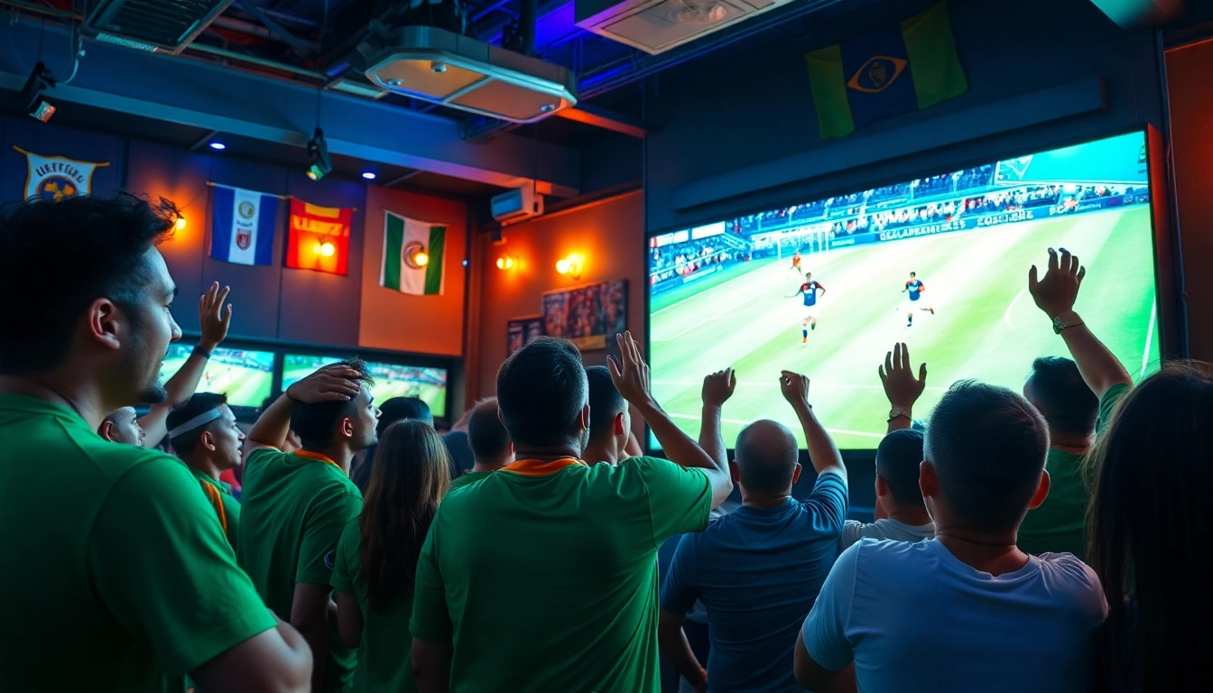 Excited fans engaging with a live soccer match at https://socolive.spot/, vibrant sports lounge atmosphere.