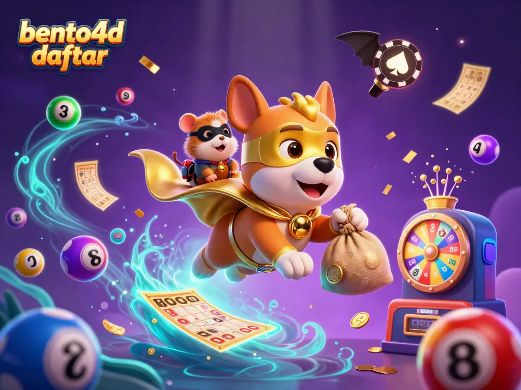 Join the excitement of bento4d daftar with a superhero dog flying through casino-themed elements.