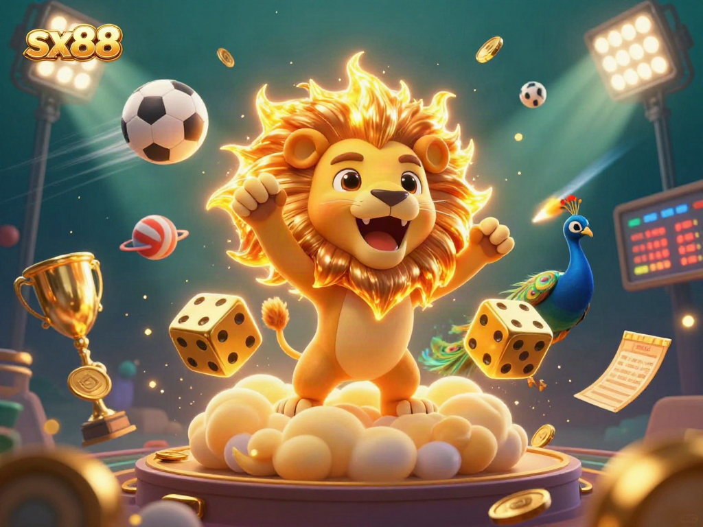 SX88 showcases a vibrant casino universe with dynamic sports elements and the majestic sun lion roaring.