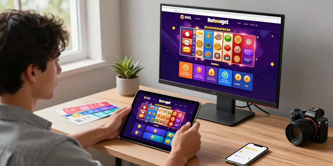 Pengguna ratutogel menikmati pengalaman betting online dengan tablet di meja modern, dikelilingi elemen game interaktif.
