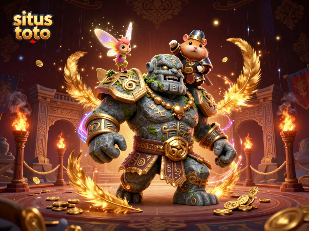 Situs toto menampilkan golem batu kuno yang hidup, peri magis, dan hamster ksatria di arena pertarungan yang kaya.