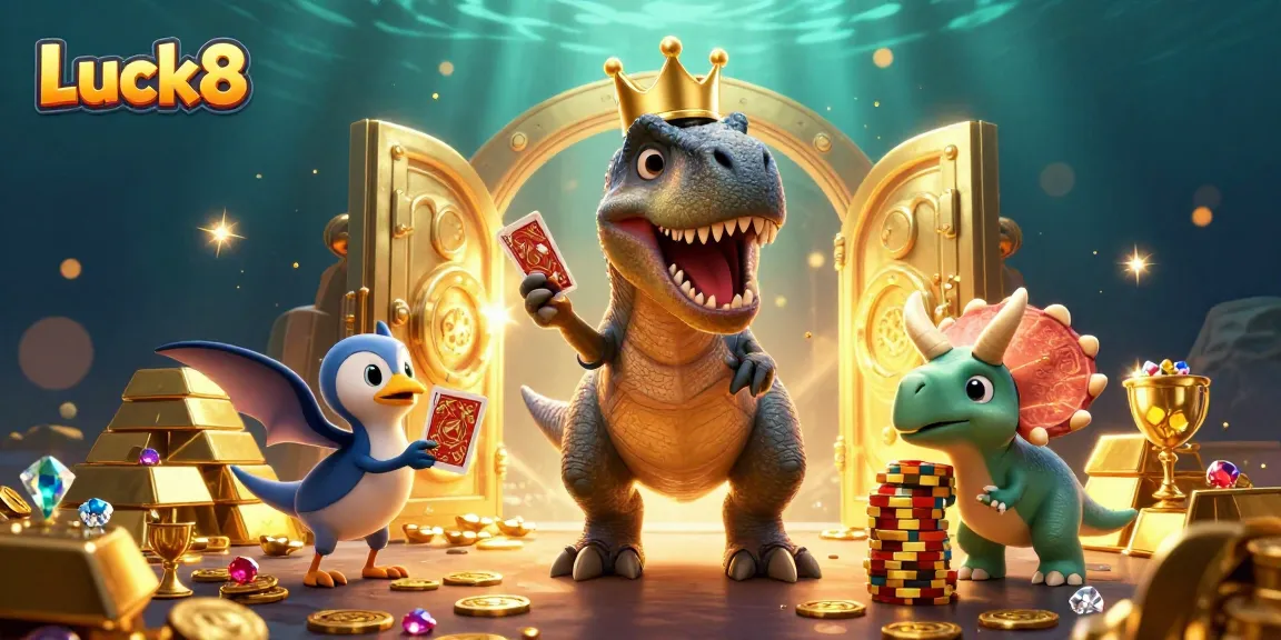 Luck8 casino-themed illustration of a T-Rex card dealer, vibrant gems, and golden treasures.