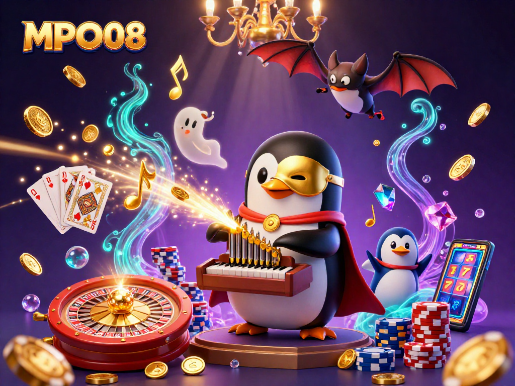 MPO08 captivates players with dynamic imagery showcasing a whimsical casino scene filled with flying coins, games, and excitement.