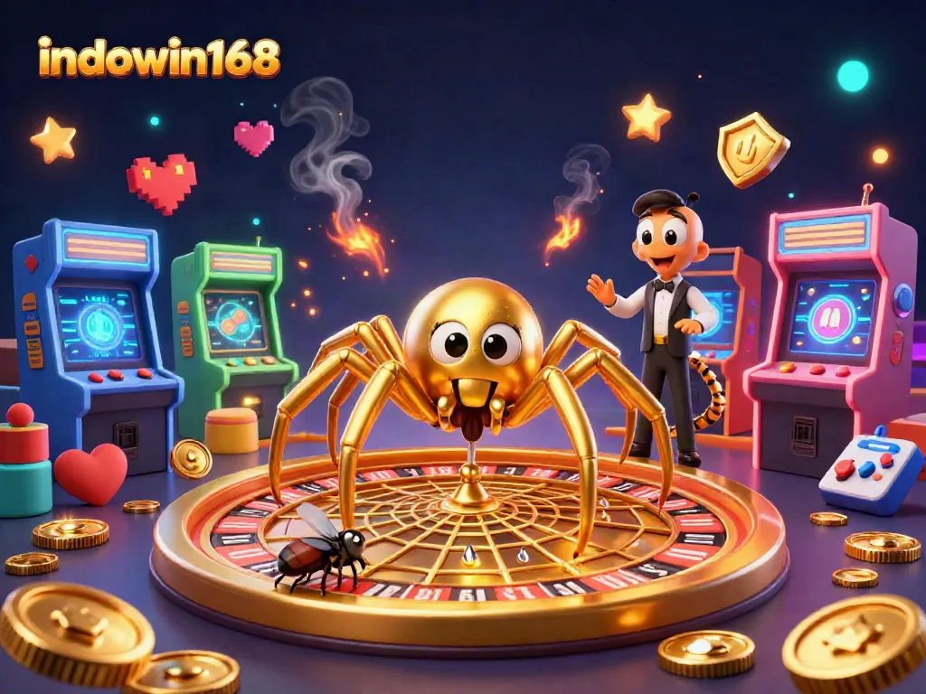 Engage with indowin168 as the golden spider spins a roulette wheel web while a fly bets nervously.