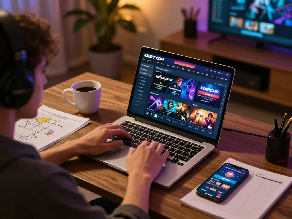Engaging online gaming scene with 28BET COM displayed on the laptop screen, showcasing a cozy atmosphere for strategic gambling.