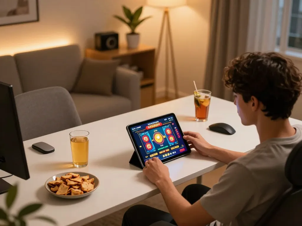 Player enjoying a Slot Demo game on a tablet in a cozy home setting, focusing on strategy and excitement.