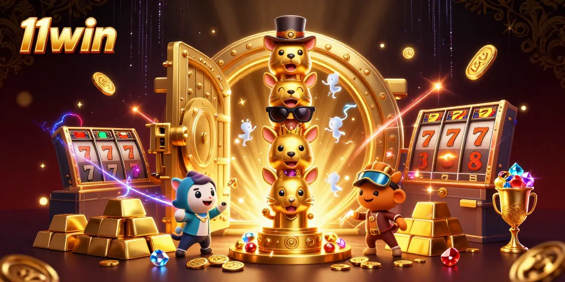 Engage with 11win in a vibrant casino scene featuring a golden totem and dazzling slot elements.