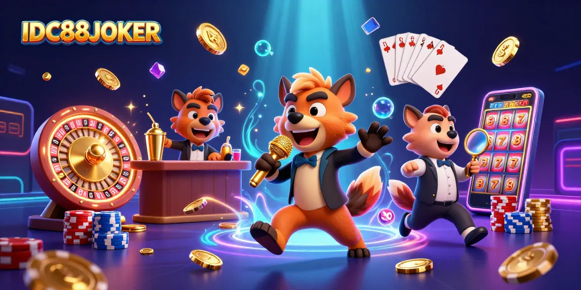 IDC88JOKER showcases a lively casino scene with hyenas, golden coins, and a roulette wheel spinning.