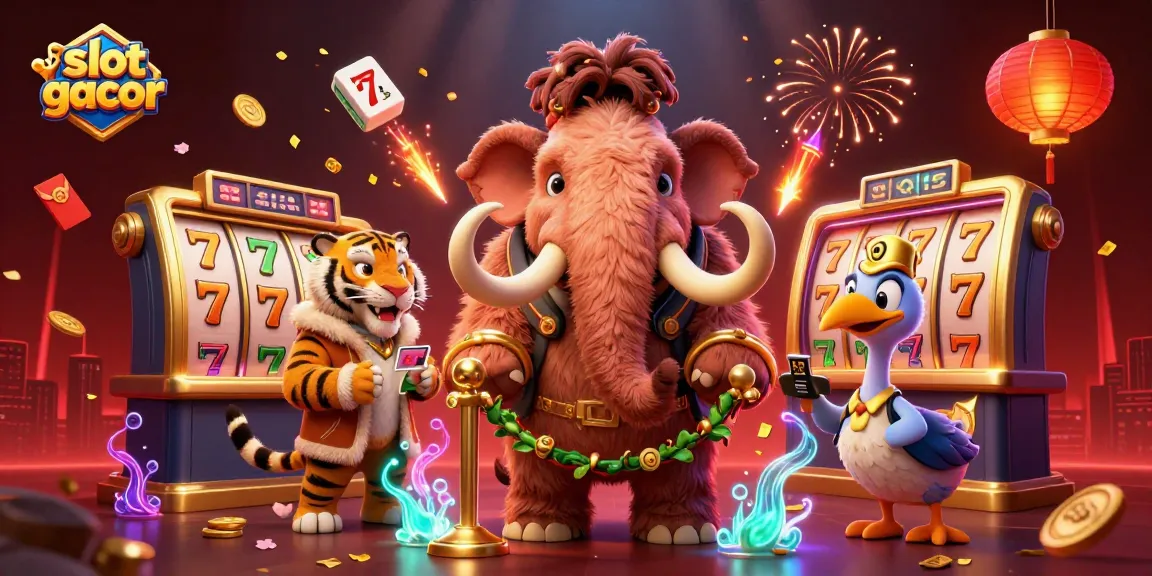 Experience slot gacor excitement with a mammoth bouncer, saber-tooth VIP, and dodo doorman in a vibrant casino scene.