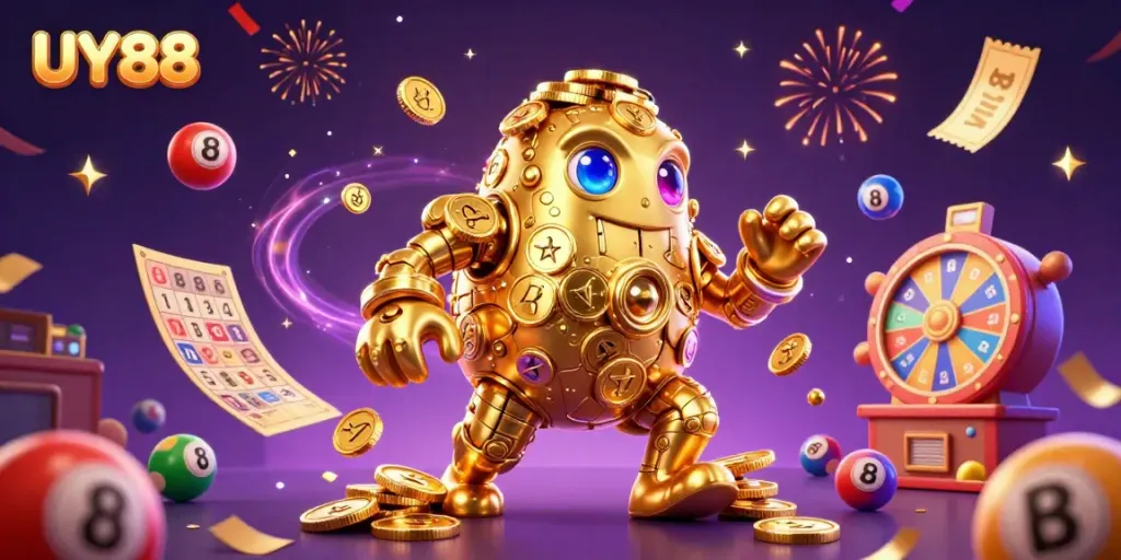 Join the excitement at UY88's vibrant online casino, featuring a golden golem and dynamic gaming elements.