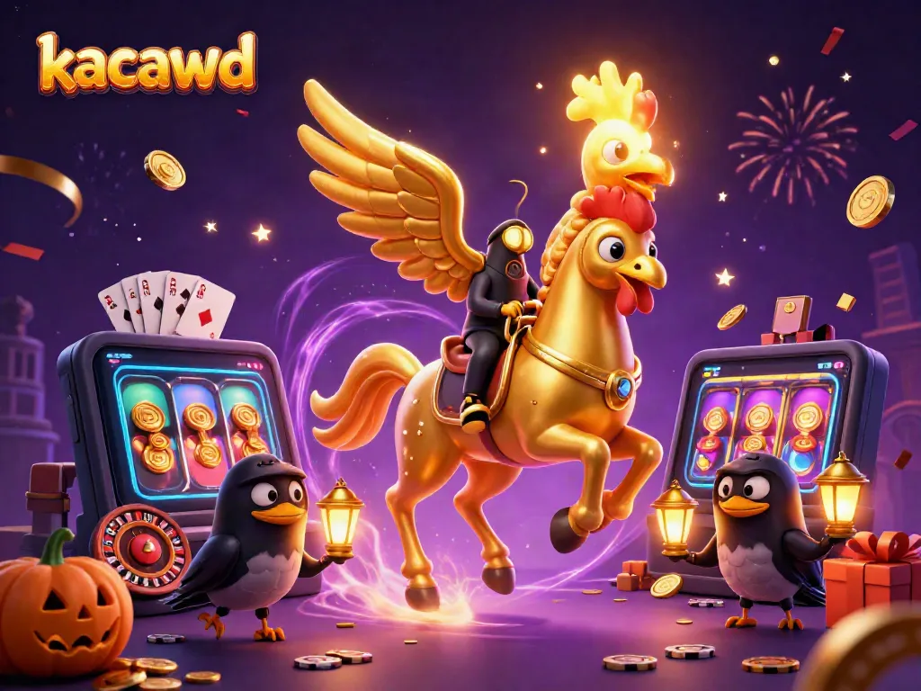 Ilustrasi 3D menampilkan kacawd, ayam jantan emas di kasino malam dengan teman berkepala labu.