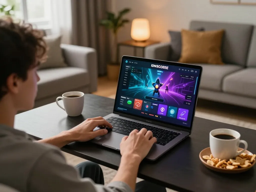 IDNSCORE player immersed in online gaming at home with vibrant graphics on laptop.