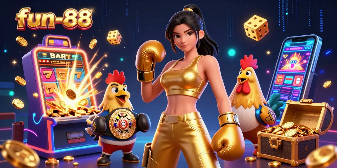 Experience the excitement of fun-88 with a lively casino scene featuring a powerful woman and a champion rooster.