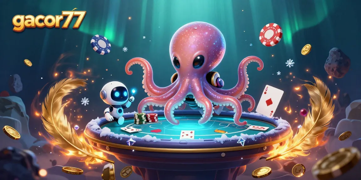 Gacor77 menampilkan gurita alien di kasino luar angkasa dengan chip poker yang mengorbit.