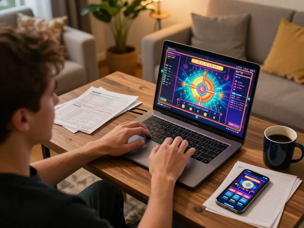 Player engaging with a kerajaanslot on a laptop in a cozy gaming setup, showcasing strategies.