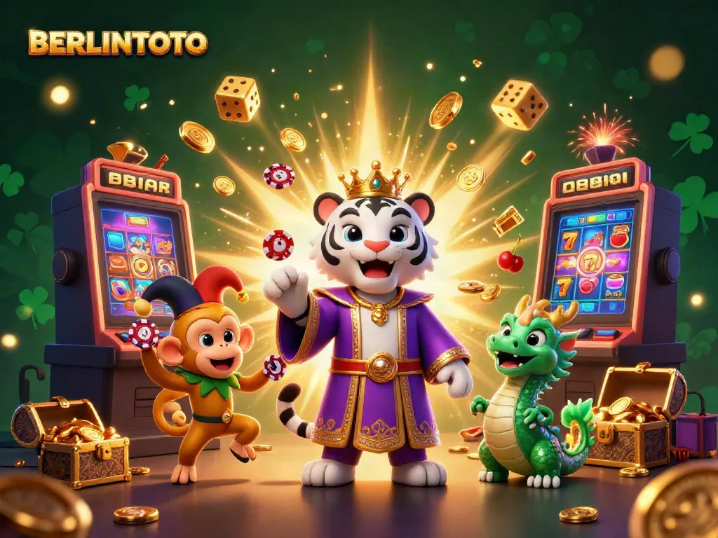 Bettors winning big at BERLINTOTO with playful characters enjoying slot machine jackpots