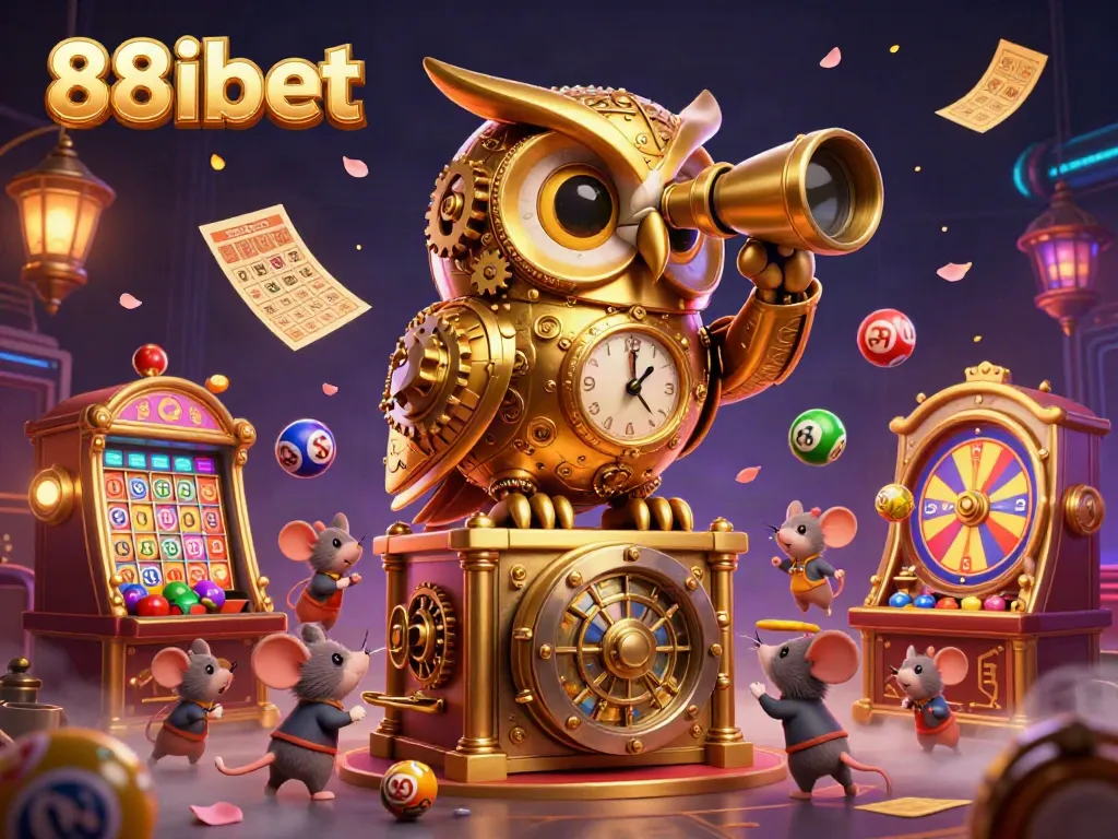 Engage with 88ibet's vibrant casino scene featuring a clockwork owl amid animated lottery elements.