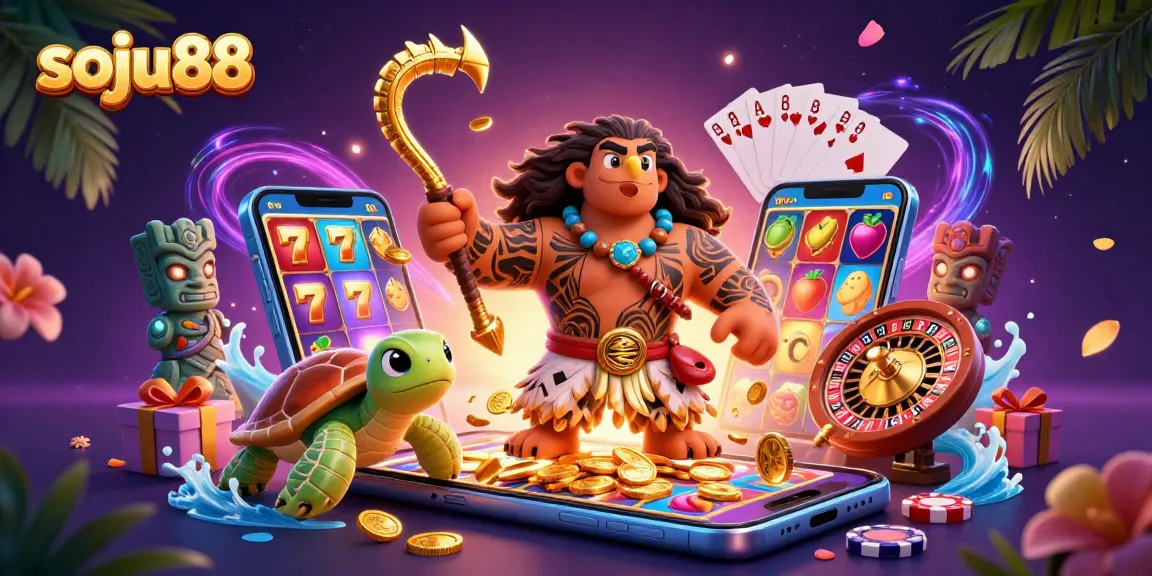 Engage with thrilling slots at soju88 featuring vibrant characters, busy gameplay elements, and gem-lit tiki statues.