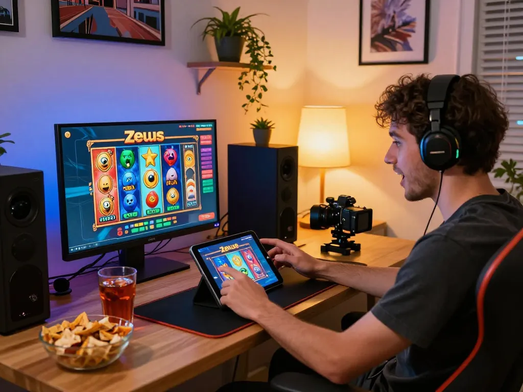 Player enjoying zeus slot on a tablet in a cozy home setting emphasizing strategic online gaming.