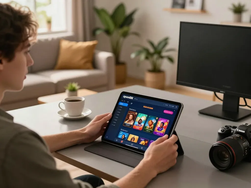 Engaged player using the open88k app on a tablet in a cozy gaming environment.