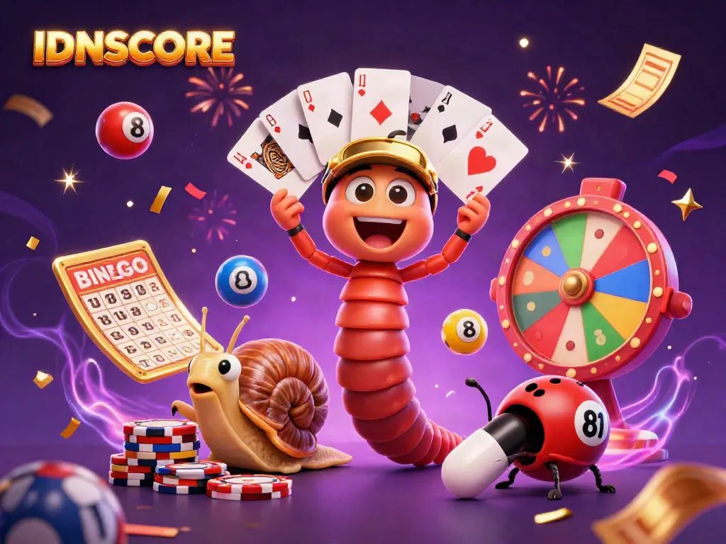 Engage in thrilling gaming with IDNSCORE as a cartoon millipede dealer distributes colorful cards among dynamic casino elements.