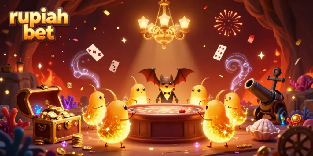 Experience the thrill of the rupiah bet in a vibrant casino scene with glowworms and sparkling treasures.
