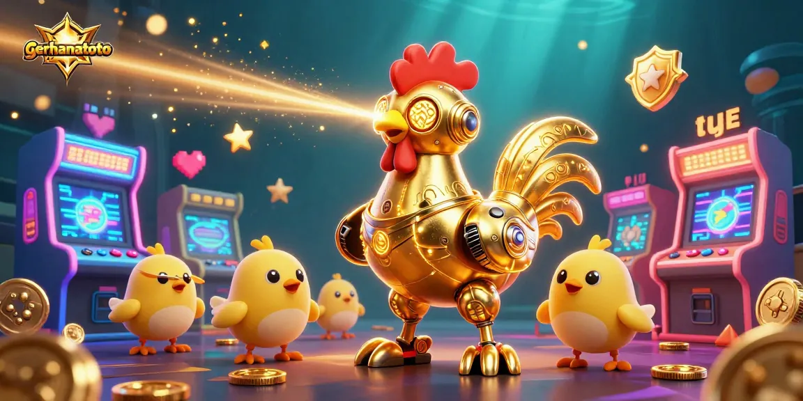 Menggandakan kemenangan di gerhanatoto dengan robot ayam emas futuristik dan elemen permainan kasino.